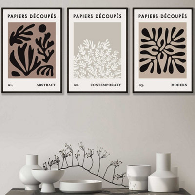 Set of 3 Matisse Style Floral Cut Out Brown & Black Wall Art Prints / 30x42cm (A3) / Black Frame