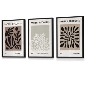 Set of 3 Matisse Style Floral Cut Out Brown & Black Wall Art Prints / 30x42cm (A3) / Black Frame