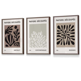 Set of 3 Matisse Style Floral Cut Out Brown & Black Wall Art Prints / 30x42cm (A3) / Walnut Frame