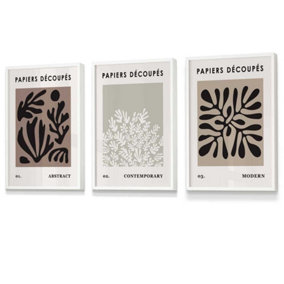 Set of 3 Matisse Style Floral Cut Out Brown & Black Wall Art Prints / 30x42cm (A3) / White Frame
