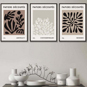 Set of 3 Matisse Style Floral Cut Out Brown & Black Wall Art Prints / 42x59cm (A2) / Black Frame