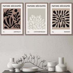 Set of 3 Matisse Style Floral Cut Out Brown & Black Wall Art Prints / 42x59cm (A2) / Walnut Frame