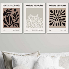 Set of 3 Matisse Style Floral Cut Out Brown & Black Wall Art Prints / 42x59cm (A2) / White Frame