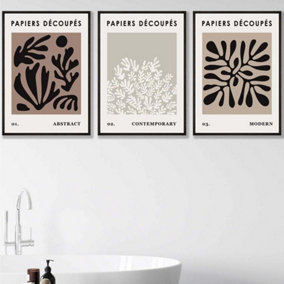 Set of 3 Matisse Style Floral Cut Out Brown & Black Wall Art Prints / 50x70cm / Black Frame
