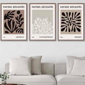 Set of 3 Matisse Style Floral Cut Out Brown & Black Wall Art Prints / 50x70cm / Walnut Frame