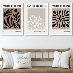 Set of 3 Matisse Style Floral Cut Out Brown & Black Wall Art Prints / 50x70cm / White Frame