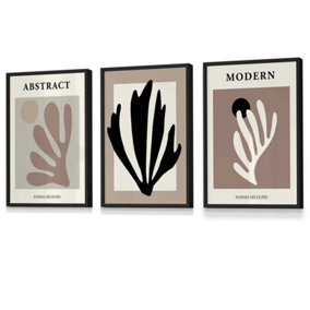 Set of 3 Matisse Style Floral Cut Out Browns & Black Wall Art Prints / 30x42cm (A3) / Black Frame