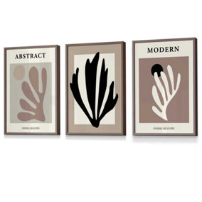 Set of 3 Matisse Style Floral Cut Out Browns & Black Wall Art Prints / 30x42cm (A3) / Walnut Frame