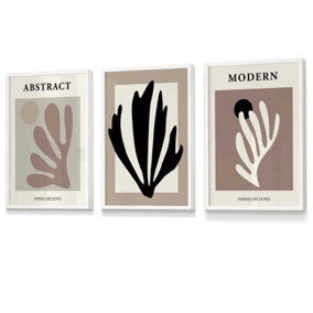 Set of 3 Matisse Style Floral Cut Out Browns & Black Wall Art Prints / 30x42cm (A3) / White Frame