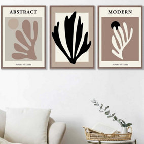Set of 3 Matisse Style Floral Cut Out Browns & Black Wall Art Prints / 42x59cm (A2) / Walnut Frame