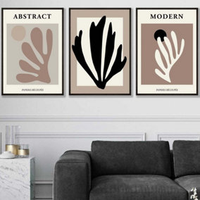 Set of 3 Matisse Style Floral Cut Out Browns & Black Wall Art Prints / 50x70cm / Black Frame