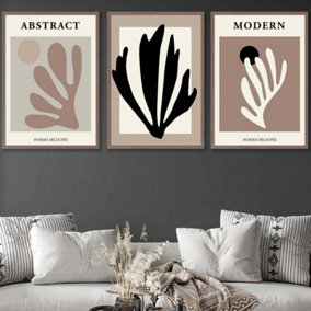 Set of 3 Matisse Style Floral Cut Out Browns & Black Wall Art Prints / 50x70cm / Walnut Frame