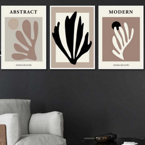 Set of 3 Matisse Style Floral Cut Out Browns & Black Wall Art Prints / 50x70cm / White Frame