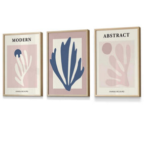 Set of 3 Matisse Style Floral Cut Out Navy & Pink Wall Art Prints / 30x42cm (A3) / Oak Frame