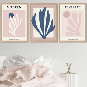 Set of 3 Matisse Style Floral Cut Out Navy & Pink Wall Art Prints / 50x70cm / Oak Frame