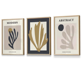 Set of 3 Matisse Style Floral Cut Out Navy & Yellow Wall Art Prints / 30x42cm (A3) / Oak Frame