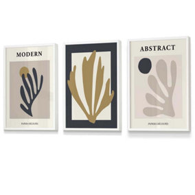 Set of 3 Matisse Style Floral Cut Out Navy & Yellow Wall Art Prints / 30x42cm (A3) / White Frame