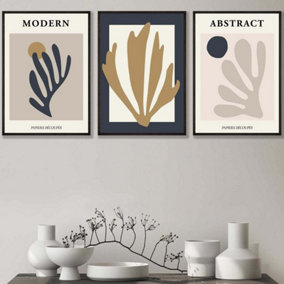 Set of 3 Matisse Style Floral Cut Out Navy & Yellow Wall Art Prints / 42x59cm (A2) / Black Frame