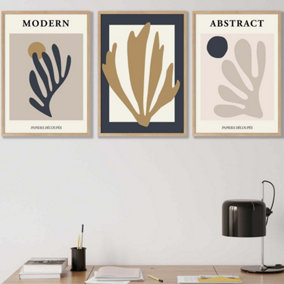Set of 3 Matisse Style Floral Cut Out Navy & Yellow Wall Art Prints / 42x59cm (A2) / Oak Frame