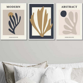 Set of 3 Matisse Style Floral Cut Out Navy & Yellow Wall Art Prints / 42x59cm (A2) / White Frame