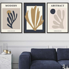 Set of 3 Matisse Style Floral Cut Out Navy & Yellow Wall Art Prints / 50x70cm / Black Frame