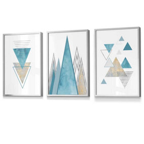 Set of 3 Mid Century Aqua Blue Abstract Geometric Wall Art Prints / 30x42cm (A3) / Silver Frame