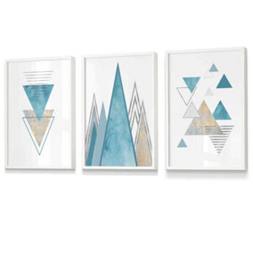 Set of 3 Mid Century Aqua Blue Abstract Geometric Wall Art Prints / 30x42cm (A3) / White Frame