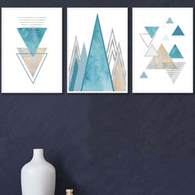 Set of 3 Mid Century Aqua Blue Abstract Geometric Wall Art Prints / 42x59cm (A2) / White Frame
