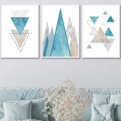 Set of 3 Mid Century Aqua Blue Abstract Geometric Wall Art Prints ...