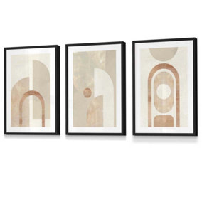 Set of 3 Mid Century Beige and Terracotta Arches Wall Art Prints / 30x42cm (A3) / Black Frame