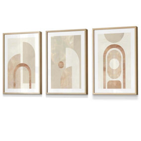 Set of 3 Mid Century Beige and Terracotta Arches Wall Art Prints / 30x42cm (A3) / Oak Frame