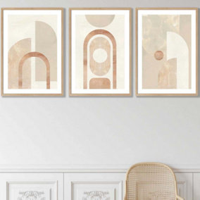 Set of 3 Mid Century Beige and Terracotta Arches Wall Art Prints / 42x59cm (A2) / Oak Frame