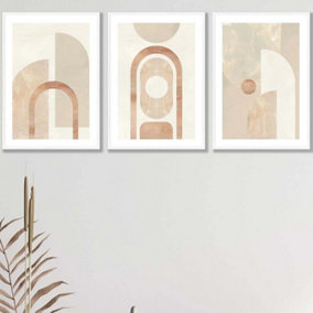 Set of 3 Mid Century Beige and Terracotta Arches Wall Art Prints / 42x59cm (A2) / White Frame