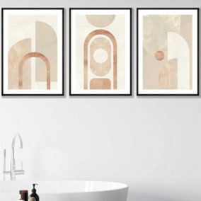 Set of 3 Mid Century Beige and Terracotta Arches Wall Art Prints / 50x70cm / Black Frame
