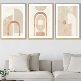Set of 3 Mid Century Beige and Terracotta Arches Wall Art Prints / 50x70cm / Oak Frame