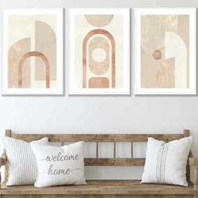 Set of 3 Mid Century Beige and Terracotta Arches Wall Art Prints / 50x70cm / White Frame