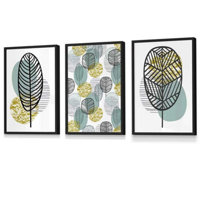 Set of 3 Mid Century Floral Pattern in Yellow and Blue Wall Art Prints