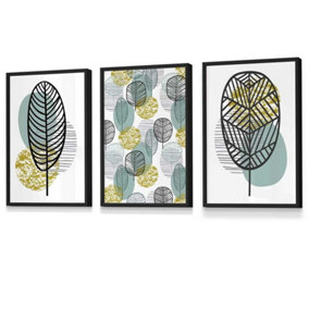 Set of 3 Mid Century Floral Pattern in Yellow and Blue Wall Art Prints / 30x42cm (A3) / Black Frame