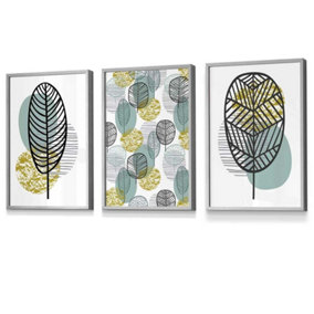 Set of 3 Mid Century Floral Pattern in Yellow and Blue Wall Art Prints / 30x42cm (A3) / Light Grey Frame