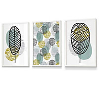 Set of 3 Mid Century Floral Pattern in Yellow and Blue Wall Art Prints / 30x42cm (A3) / White Frame