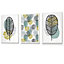Set of 3 Mid Century Floral Pattern in Yellow and Blue Wall Art Prints / 30x42cm (A3) / White Frame