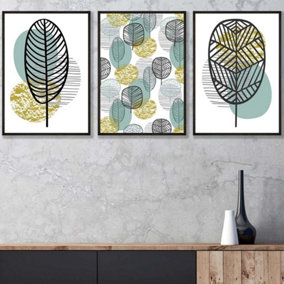 Set of 3 Mid Century Floral Pattern in Yellow and Blue Wall Art Prints / 42x59cm (A2) / Black Frame