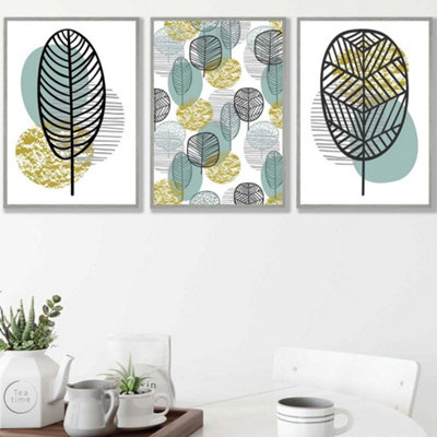 Set of 3 Mid Century Floral Pattern in Yellow and Blue Wall Art Prints / 42x59cm (A2) / Light Grey Frame