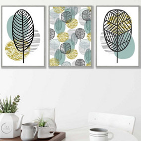 Set of 3 Mid Century Floral Pattern in Yellow and Blue Wall Art Prints / 42x59cm (A2) / Light Grey Frame