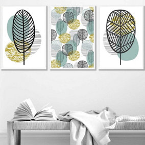 Set of 3 Mid Century Floral Pattern in Yellow and Blue Wall Art Prints / 42x59cm (A2) / White Frame