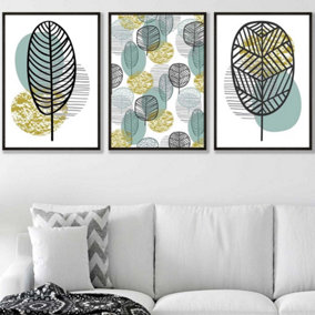 Set of 3 Mid Century Floral Pattern in Yellow and Blue Wall Art Prints / 50x70cm / Black Frame