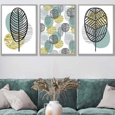 Set of 3 Mid Century Floral Pattern in Yellow and Blue Wall Art Prints ...