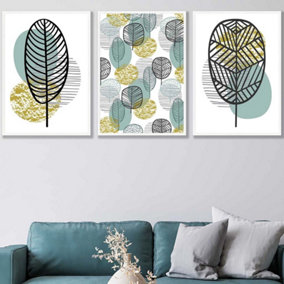 Set of 3 Mid Century Floral Pattern in Yellow and Blue Wall Art Prints / 50x70cm / White Frame