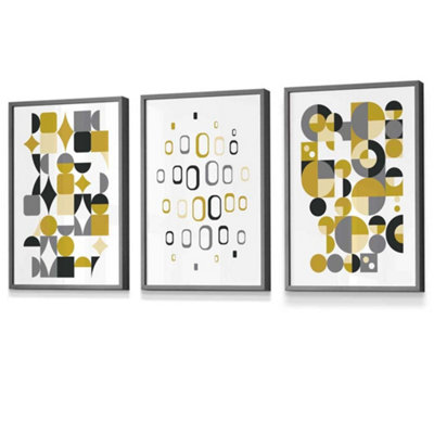 Set of 3 Mid Century Graphical Grey Yellow Art Prints / 30x42cm (A3) / Dark Grey Frame