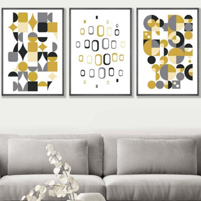 Set of 3 Mid Century Graphical Grey Yellow Art Prints / 50x70cm / Dark Grey Frame